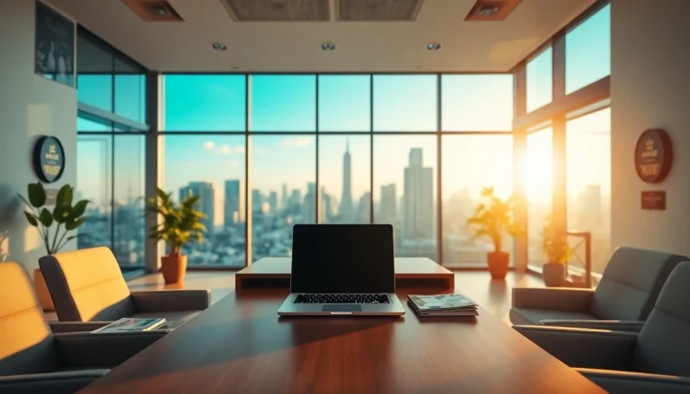 Engaging real estate office highlighting a desk with brochures and a laptop, symbolizing the real estate market.