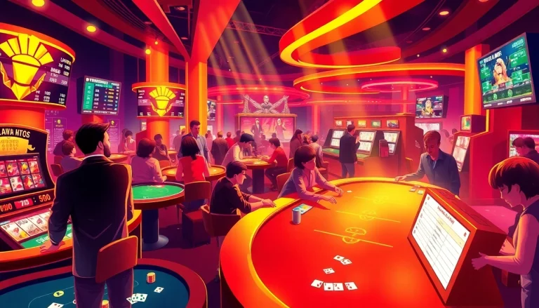 Exciting online gambling scene at https://f8betink.io/ showcasing diverse games and players in a vibrant casino atmosphere.