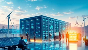 Cloud crypto mining facility powered by renewable energy with advanced technology displays.