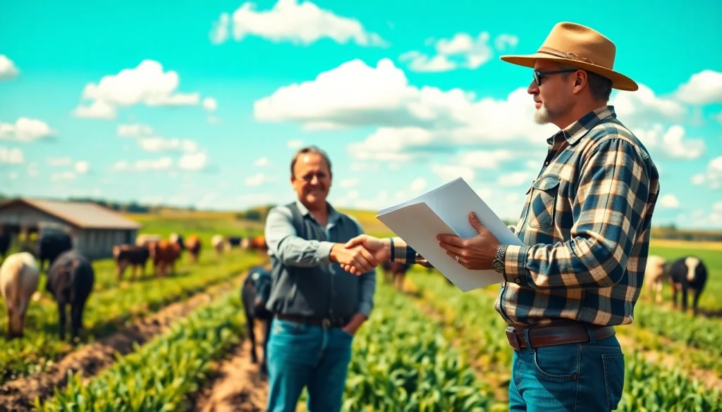 Agriculture lawyer shaking hands with a farmer in a rural setting, symbolizing trust and partnership.