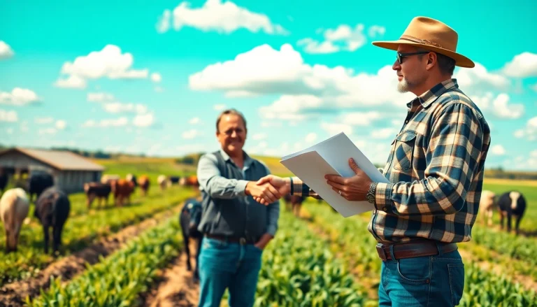 Agriculture lawyer shaking hands with a farmer in a rural setting, symbolizing trust and partnership.