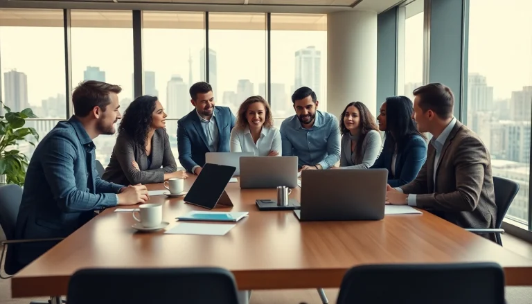 Engaged team members working together in an agency meeting space.