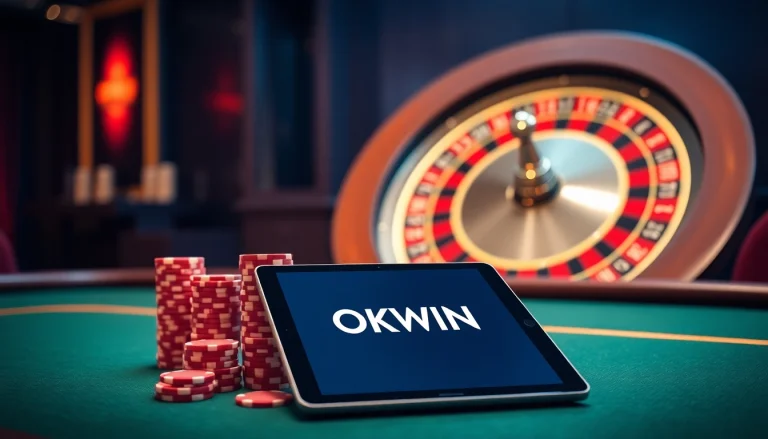 Engage in an exciting poker game at OKWIN's modern casino table featuring professional chips and cards.