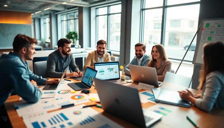 Agency team collaborating in a vibrant office with laptops and marketing strategies displayed.