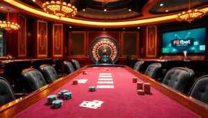 Experience thrilling action at f8bet with a luxurious casino setup featuring poker chips and a roulette wheel.