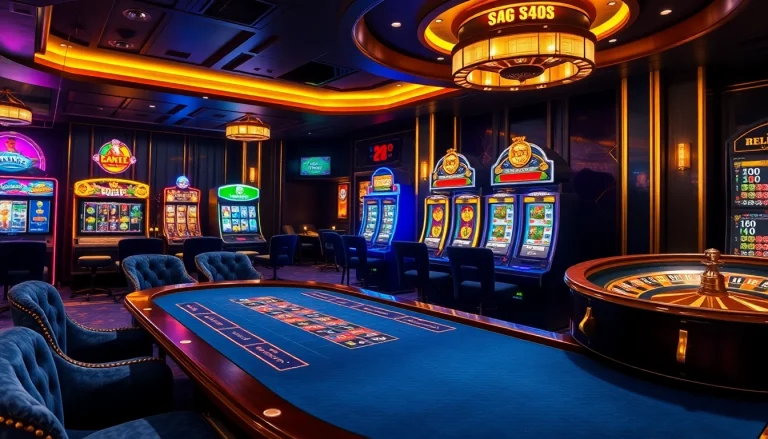 Experience the thrill of say88 with vibrant casino gameplay, featuring a roulette wheel and poker table.