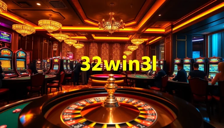Exciting casino scene featuring roulette and slot machines, highlighting 32win32 games and gambling.