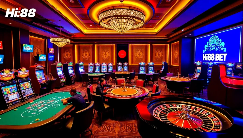 Experience the excitement of Hi88 Bet in a luxurious casino setting featuring vibrant tables and slot machines.