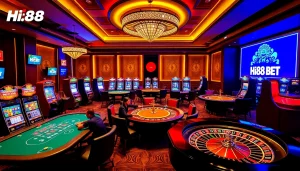 Experience the excitement of Hi88 Bet in a luxurious casino setting featuring vibrant tables and slot machines.