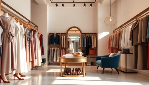 Women’s luxury apparel displayed in an elegant boutique setting with stylish decor.