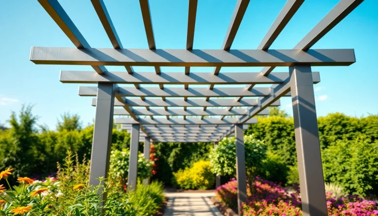 Admire a modern steel pergola elegantly designed in a lush garden setting.