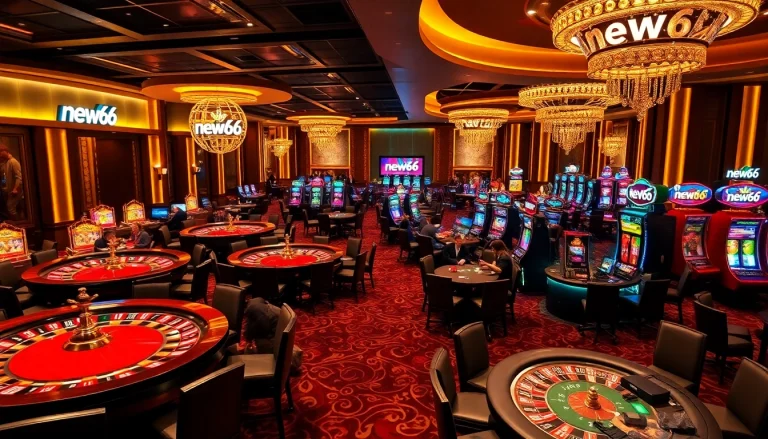 Excited players enjoying games at new66 casino tables with vibrant roulette wheels.
