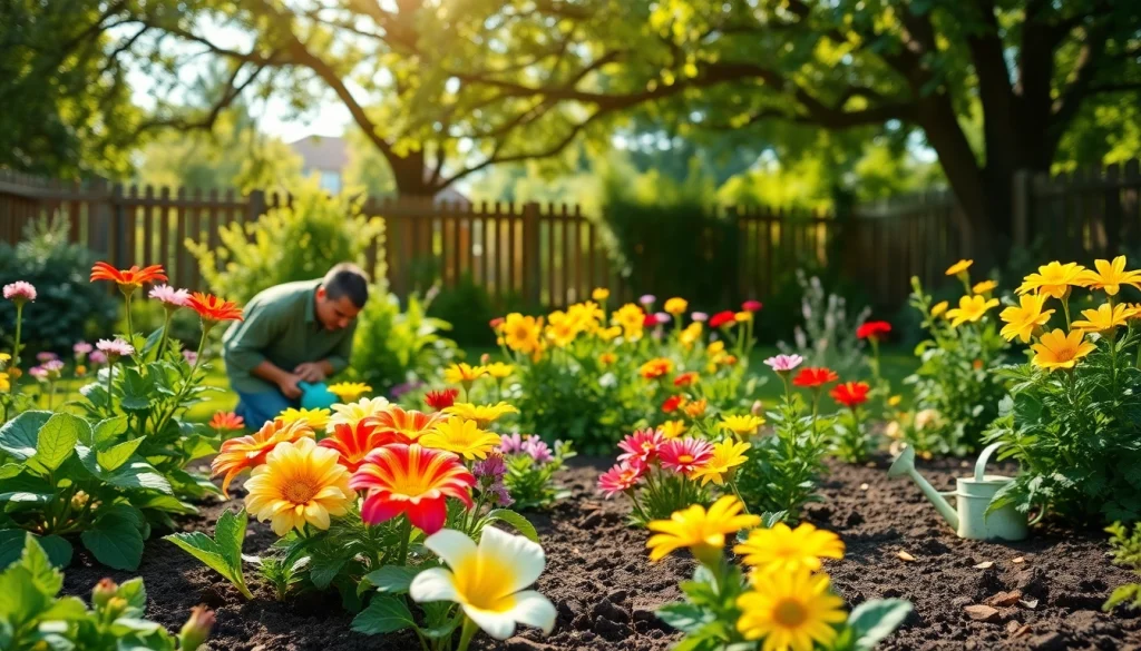 Gardening enthusiast tending to vibrant flowers and vegetables in a backyard garden.