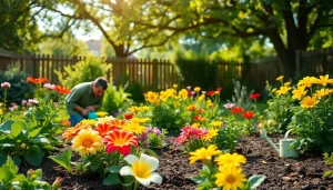 Gardening enthusiast tending to vibrant flowers and vegetables in a backyard garden.