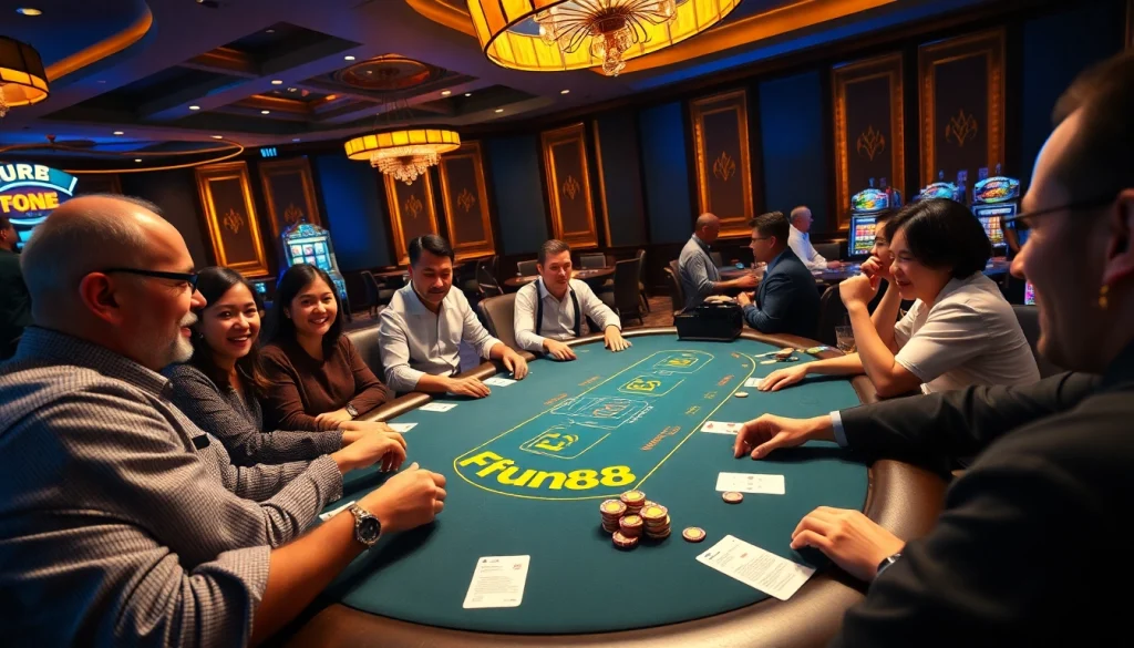 Fun88 players engaging in an exciting poker game at a luxurious casino.