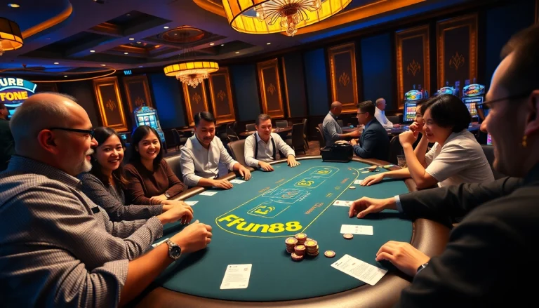 Fun88 players engaging in an exciting poker game at a luxurious casino.