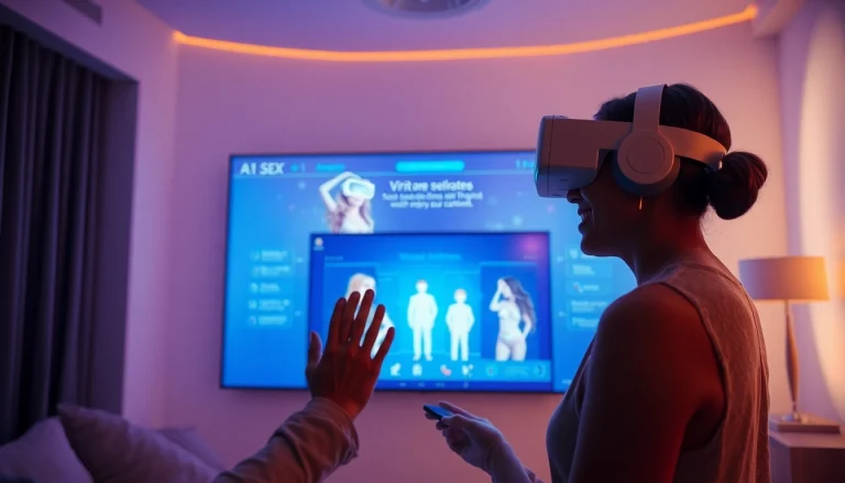 Couple interacting with an AI sex wellness app in a modern VR room.