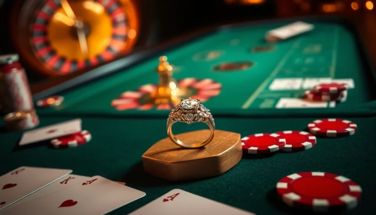 Admire an exquisite 訂婚戒指 showcased on a poker table surrounded by cards and chips, symbolizing luxury.