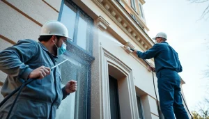 Učinkovita nizkotlačna metoda čiščenja fasad z ekipo za čiščenje v akciji.