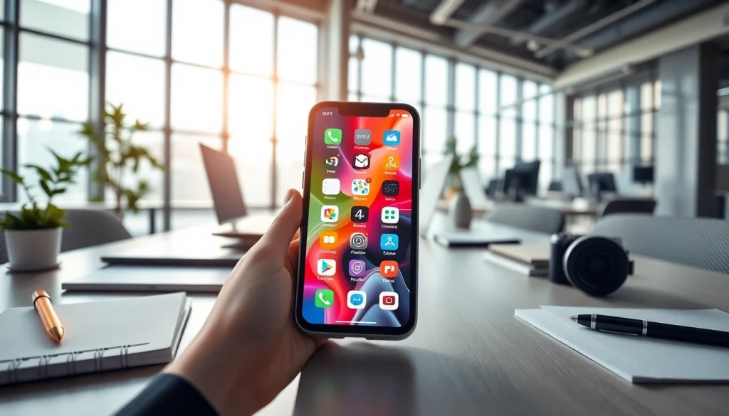 Showcase of mobile apps on a smartphone in a modern workspace, highlighting tech integration.