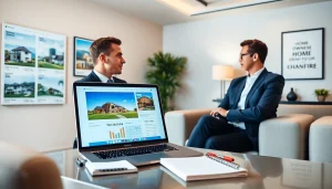 Engaging real estate broker navigating property listings efficiently in a modern office.