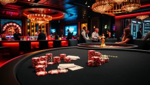 Exciting casino scene featuring vibrant betting tables, poker chips, and roulette, highlighting the S8 experience.