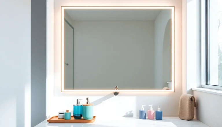 Showcasing an elegant bathroom mirror with LED lighting in a modern bathroom setting.