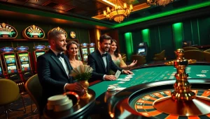 Players celebrate their xx88 win at a luxury poker table, surrounded by vibrant casino elements.