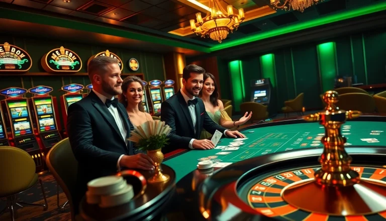 Players celebrate their xx88 win at a luxury poker table, surrounded by vibrant casino elements.