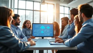 Enhance cloud migration services with a professional team collaborating in a modern office.