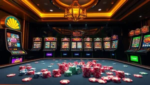 Antarmuka permainan situs slot yang menampilkan mesin-mesin berwarna-warni dan chip poker dalam suasana kasino online mewah