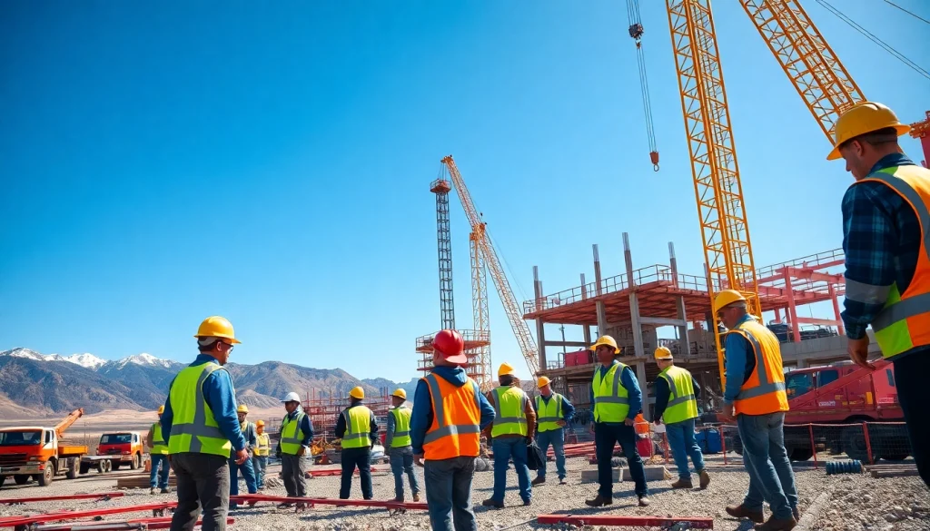Showcasing workers at a construction association Wyoming site collaborating on building projects.