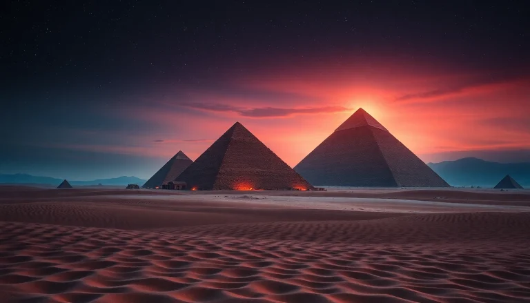 Piraminds illuminated under twilight, showcasing their majestic structures and inspiring atmosphere.