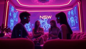 Engaging scene of avatars in a futuristic NSFW AI image generation chatroom.