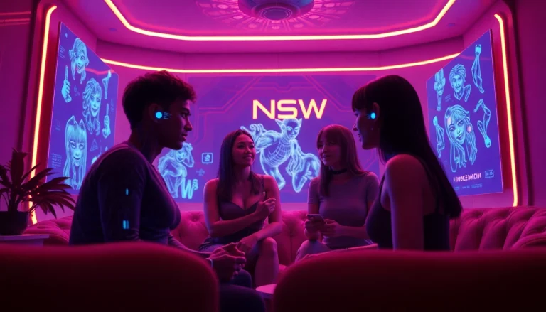 Engaging scene of avatars in a futuristic NSFW AI image generation chatroom.