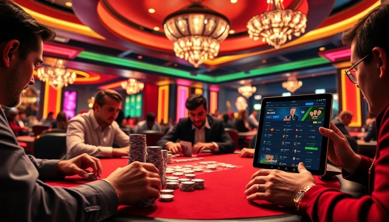 Players enjoying strategic poker action at the MK8 casino table, showcasing luxury and excitement.