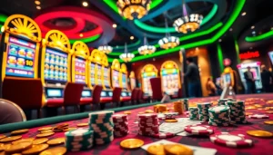 Adegan kasino yang penuh warna menampilkan mesin slot dan tiket taruhan yang menonjolkan kegembiraan peluang deposit slot 1000.