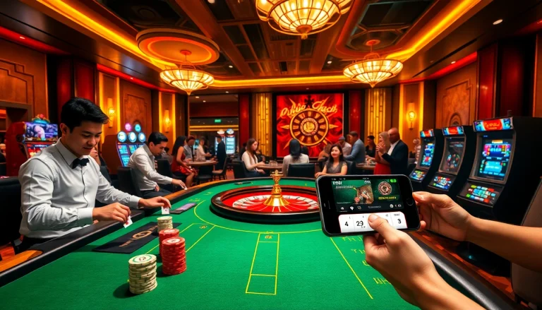 Exciting casino scene featuring players at a poker table and roulette at https://ok88.tech/ showcasing luxury gaming experiences.