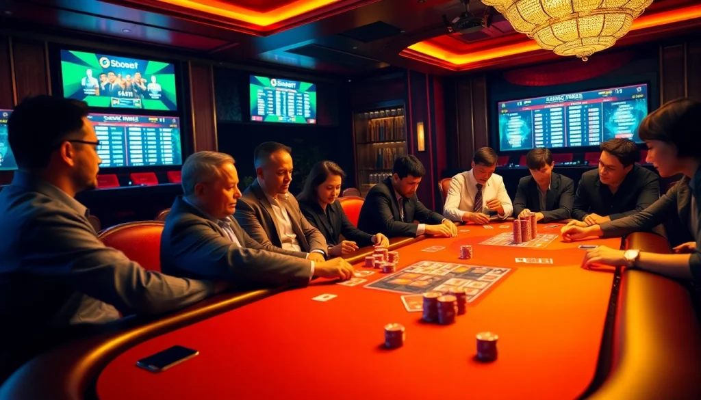 Sbobet betting odds showcased at a high-stakes poker table filled with intense gamers.