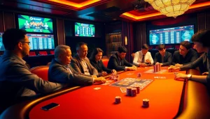 Sbobet betting odds showcased at a high-stakes poker table filled with intense gamers.