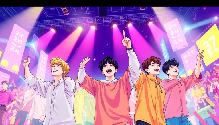 A vibrant concert scene featuring the bts members performing with energy and style.