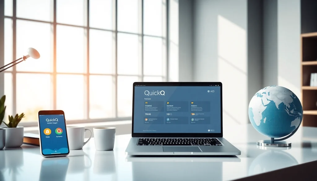 在现代工作空间中探索 QuickQ官网界面，展示无缝全球互联与用户友好设计。