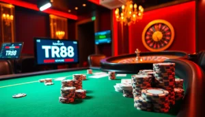Engage in a thrilling poker game at a luxurious casino featuring TR88 betting options.
