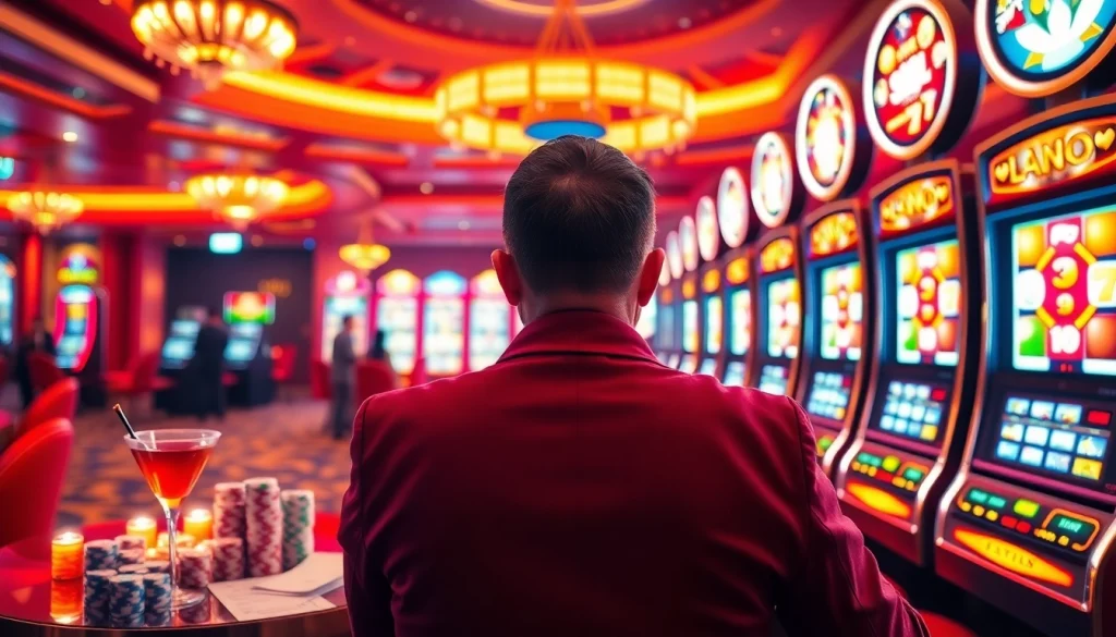 Adegan menarik yang menggambarkan kegembiraan pemain slot pulsa di mesin slot kasino yang berwarna-warni.