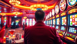 Adegan menarik yang menggambarkan kegembiraan pemain slot pulsa di mesin slot kasino yang berwarna-warni.