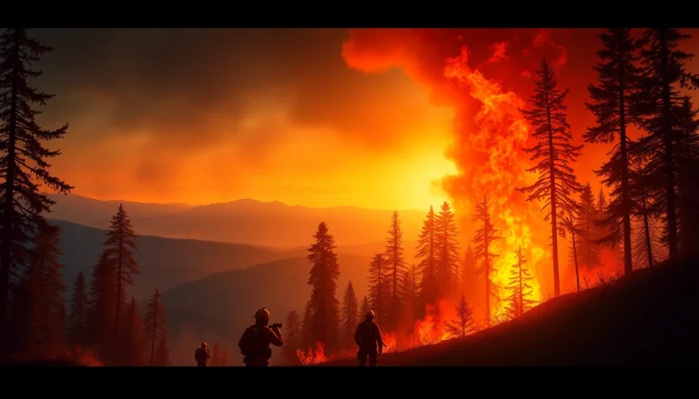 Firefighters battling wildfire events in a dramatic forest landscape.