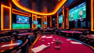 Techniques in sports betting (เทคนิคแทงบอล) with vibrant casino visuals of betting tables and live matches.