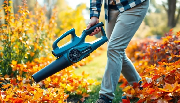 Electric leaf blower in action, efficiently clearing vibrant autumn leaves in a well-maintained garden.