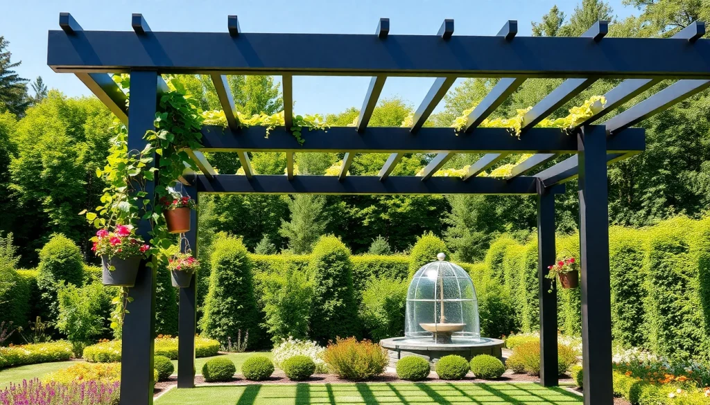Enhance your outdoor space with a modern steel pergola surrounded by vibrant landscaping.