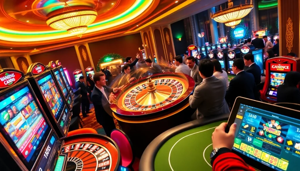 Exciting gambling experience at trang chủ rr88 with players at casino tables and vibrant slot machines.